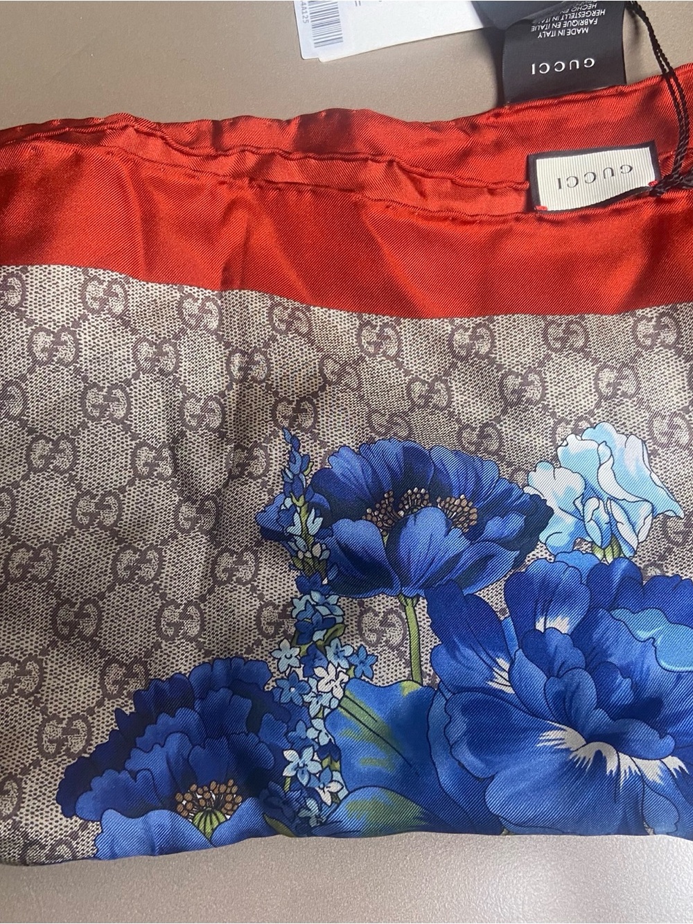 Gucci Beige Monogram Floral Silk Scarf with Blue, Yellow and Red Accents - Picture 6 of 9